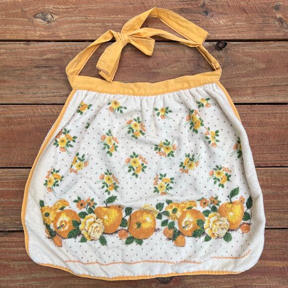 Vintage 70s Terry Cloth Half Apron Fruit Floral Print Retro Oranges Apples Roses - Picture 12 of 12